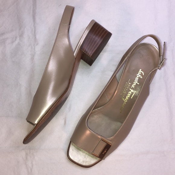 Salvatore Ferragamo “Balzac” Gazella/Gold Satin Finish Calf, 1.5” Heel, Open Toe - Picture 15 of 15